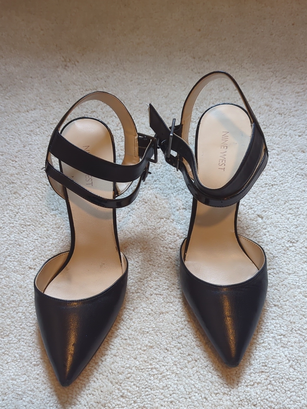 Nine West Black Pointed-Toe Leather Double-Strap Heels